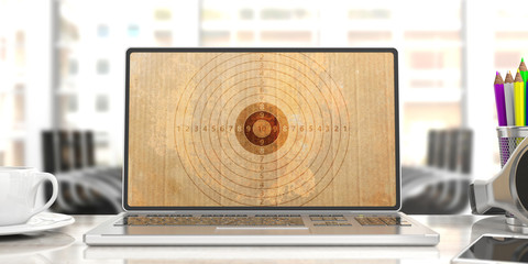 Shooting target on a computer screen, blur office background. 3d illustration