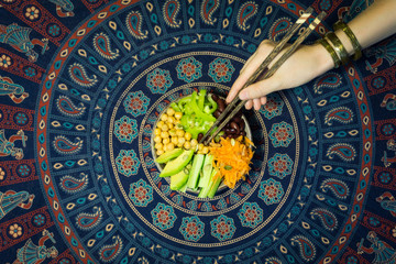 Vegetarian buddha bowl. Raw vegetables and beans in a one bowl. Vegetarian, healthy, detox food concept