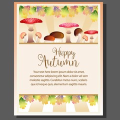 happy autumn thanksgiving poster with set of mushroom