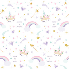 Unicorn magic pattern background with rainbow, stars and diamonds. For print and web. © cutelittlethings