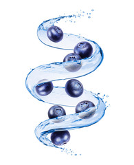 Blueberries with splashes of water in a swirling shape