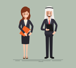 arab business people character teamwork and meeting. businessman and businesswoman in job.