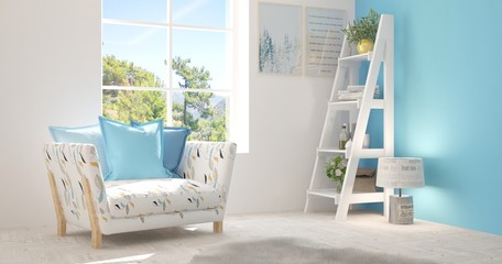 Idea of white room with armchair and summer landscape in window. Scandinavian interior design. 3D illustration