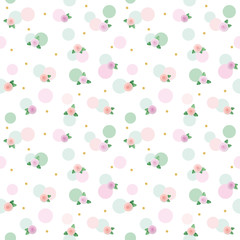 Floral seamless pattern background with roses and polka dots. Pink and pastel green trendy colors. For birthday, wedding and scrapbook design.
