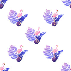 Trendy tropic flamingo seamless pattern with palm tree leaves. Vector illustration of exotic bird on white background. Wildlife concept. Perfect for textile, wrapping paper and scrapbooking.