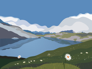 Mountains panorama landscape. Mountain green valley lake scenic view. Mounts silhouette range. Green hill with white flowers camomiles. Adventure journey tourist banner background. Vector illustration