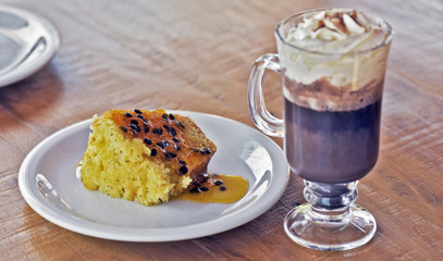 Brazilian food: passion fruit cake with seeds syrup