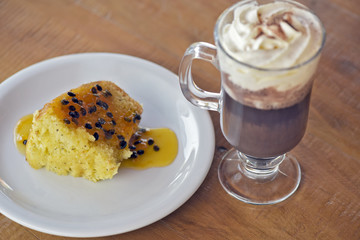 Brazilian food: passion fruit cake with seeds syrup