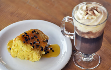 Brazilian food: passion fruit cake with seeds syrup