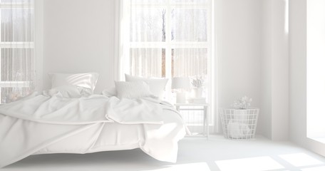 White modern bedroom. Scandinavian interior design. 3D illustration