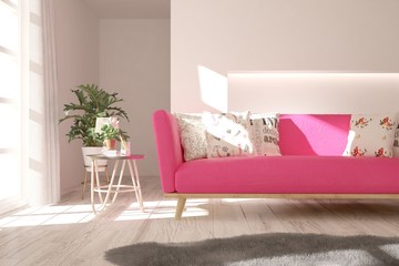 Idea of white minimalist room with pink sofa. Scandinavian interior design. 3D illustration