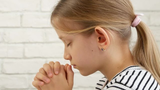 Child Face Praying Before Eating in Kitchen, Little Girl Portrait Meditating 4K