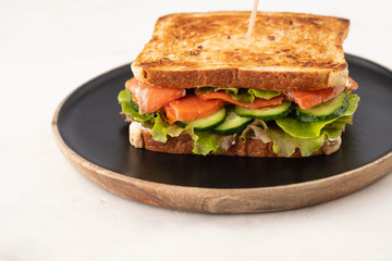 Sandwich with cereals bread and salmon on dark marble background. Copy space.