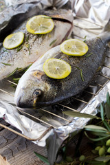 Fresh fish. Raw dorado fish with lemon and rosemary. 