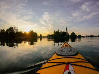 kayak on the lake, sunset