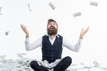 Shopping lottery. Income. Benefit. Earnings. People concept. Portrait of satisfied bearded millionaire. Easy-money. Bearded man excited with money. Bearded man with money. Isolated.
