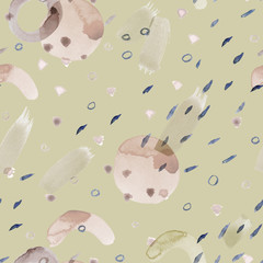 Beige seamless pattern illustration with watercolor blue, pink gray and beige spots and blemishes. Will be good for decor a postcard, posters,gift decor, wrapping paper, gift boxes, fabric and etc.