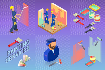 Fototapeta na wymiar Painting services. Isometric building concept. Worker, equipment