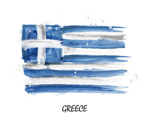Realistic watercolor painting flag of Greece . Vector