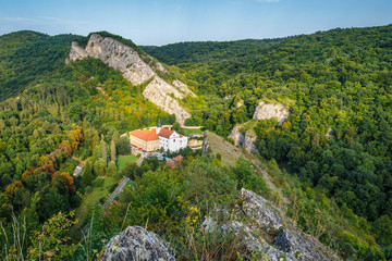 Fototapeta na wymiar Beautiful aerial view on small village Svaty Jan pod Skalou, Czech Republic