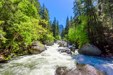 Merced River landscape in Yosemite National Park. Whitewater Rapids. California, USA.