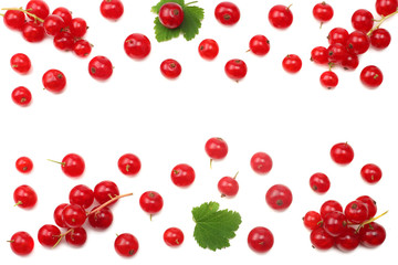 red currant with green leaf isolated on a white background. top view. healthy food