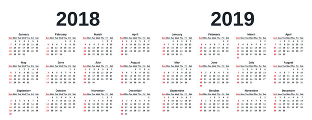 Calendar 2019, 2018 in simple style. Week starts Sunday. Vector. Stationery 2018, 2019 year template in minimal design. Yearly calendar organizer for weeks.