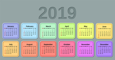 2019 Calendar. Week starts Sunday. Vector. Stationery 2019 template with months of the year. Yearly colorful calendar organizer for weeks on gray background.