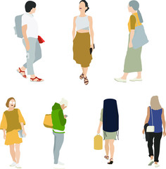 Set of women walking, travelling or carrying a bag. Vector Illustration of girls, silhouettes for visualisation.