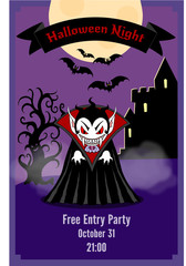 Halloween party flyer with Dracula. Illustration of vampire man cartoon character Dracula in a predatory pose with a gloomy landscape. For flyer or invitation card