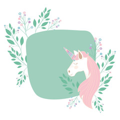 frame decorative with unicorn and flowers vector illustration design