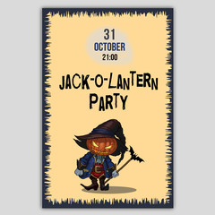 Halloween party flyer with Jack-o-lantern. Halloween character Jack-o-lantern in a hat and carnival medieval costume in vector illustration. Design for flyer or invitation card