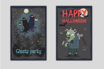 Obraz premium Halloween party flyers. Vector illustrations of two dancing funny ghosts with small lanterns in hands on a cemetery and zombie with axe in his back and worms in brain