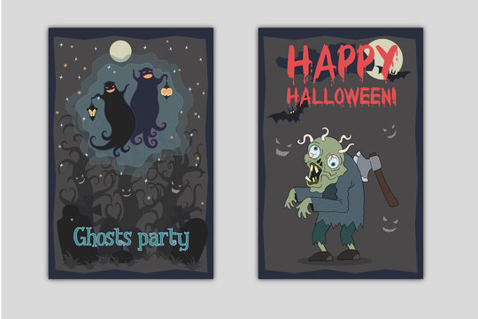 Halloween party flyers. Vector illustrations of two dancing funny ghosts with small lanterns in hands on a cemetery and zombie with axe in his back and worms in brain