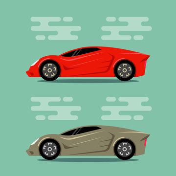 Sport cars in flat color style. Red gold roadster icons. Vector illustrations.