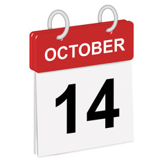 Daily single-leaf calendar, red spine, 3d, month of October,fourteenth day,14th.Vector,illustration