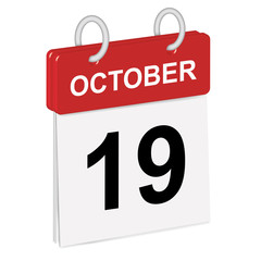 Daily single-leaf calendar, red spine, 3d, month of October,nineteenth day,19th.Vector,illustration