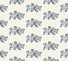 Seamless indigo dye woodblock printed all over floral pattern. Vector ornament, traditional Russian motif with garden flowers,  navy blue on ecru background. Textile, wallpaper print. - 215885699