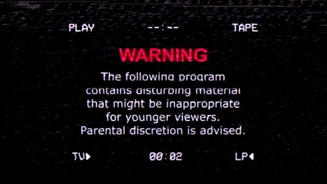 A retro vintage old VHS tape, screen capture with noise and distortion, showing a warning message: the video program contains disturbing material, parental discretion is advised.
