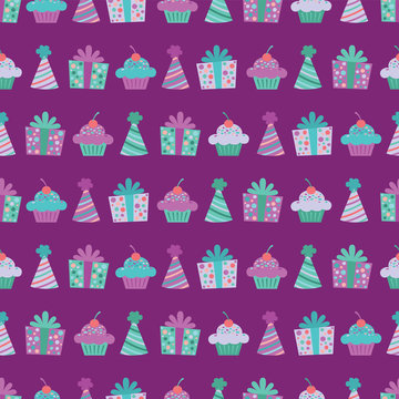 Vector Purple Birthday Items Seamless Pattern Background