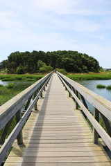 Long view of a wooden bridge over a lake surrounded by grass