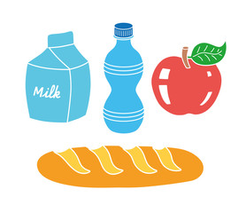 Milk carton, water bottle, red apple fruit, baguette bread. Food icons set vector isolated.