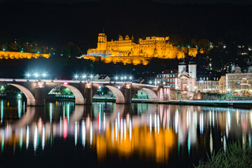 Heidelberg city panorama with Neckar river at night, Baden-Wurttemberg, Germany