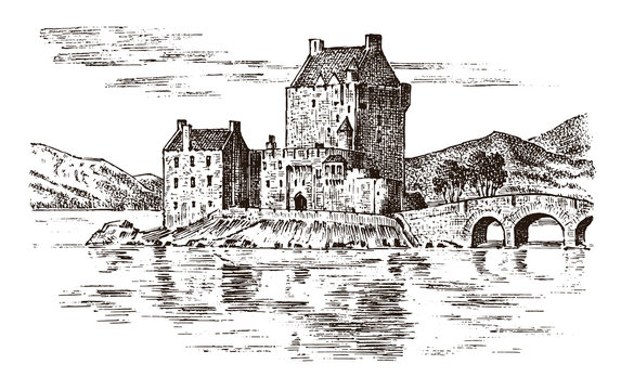 Vintage Castle in Scotland. Graphic monochrome landscape. Engraved hand drawn old sketch. Fortress or tower. Stone citadel. Bridge over the river in the background of the building.