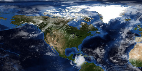 Extremely detailed and realistic 3D illustration of a Hurricane approaching North America. Shot from Space. Elements of this image are furnished by NASA.