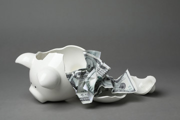 Broken piggy bank with banknotes on gray background