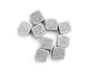 Whiskey stones on white background, top view