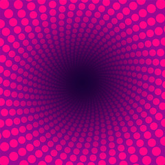 Spiral pattern of pink dots in a purple tunnel with dark center. Happy girl power illustration.