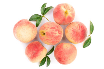 ripe peaches with leaves isolated on white background. Top view. Flat lay pattern