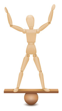 Safe position. Balancing act of a wooden figure standing with a secure and confident feeling and poise on an unstable construction. Vector illustration on white background.